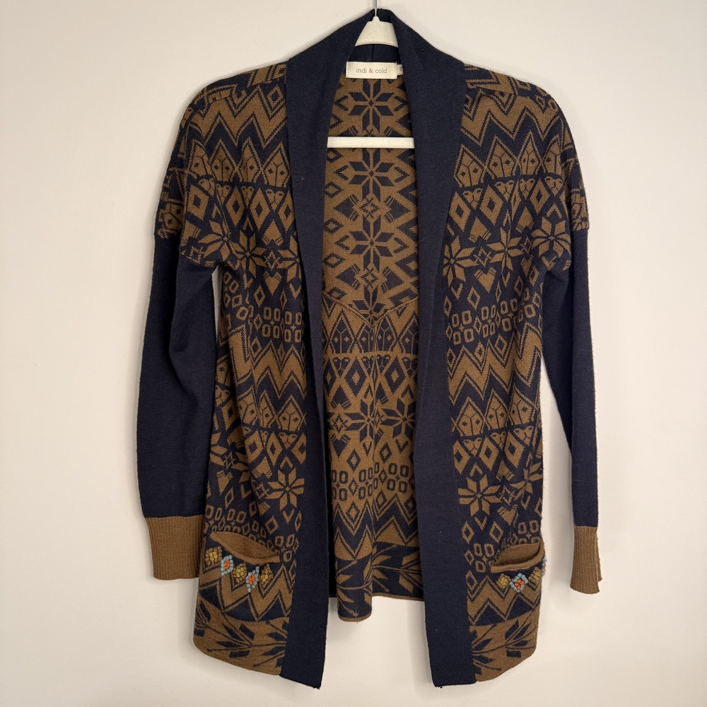 indi & cold Womens Size S Navy & Brown Geometric Open Cardigan Sweater Boho Wool